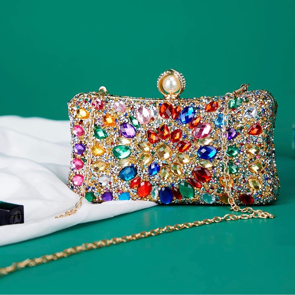 Multicolor Bejeweled Rhinestone Women Evening Clutch Pearl Purse